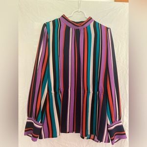 2X striped peplum top with rouleau closure (button w/loops)